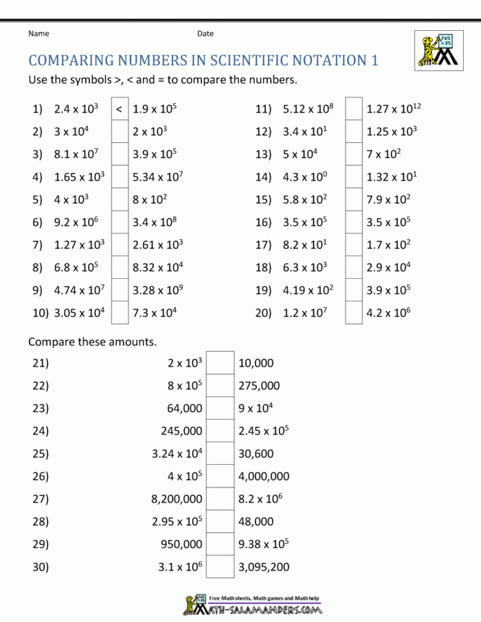 Eighth-grade worksheet focusing on comparing scientific notation numbers in a math exercise
