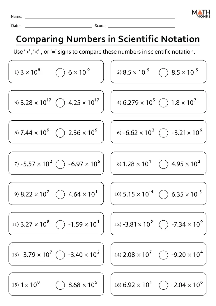 Eighth-grade worksheet for comparing numbers in scientific notation with geography-themed questions