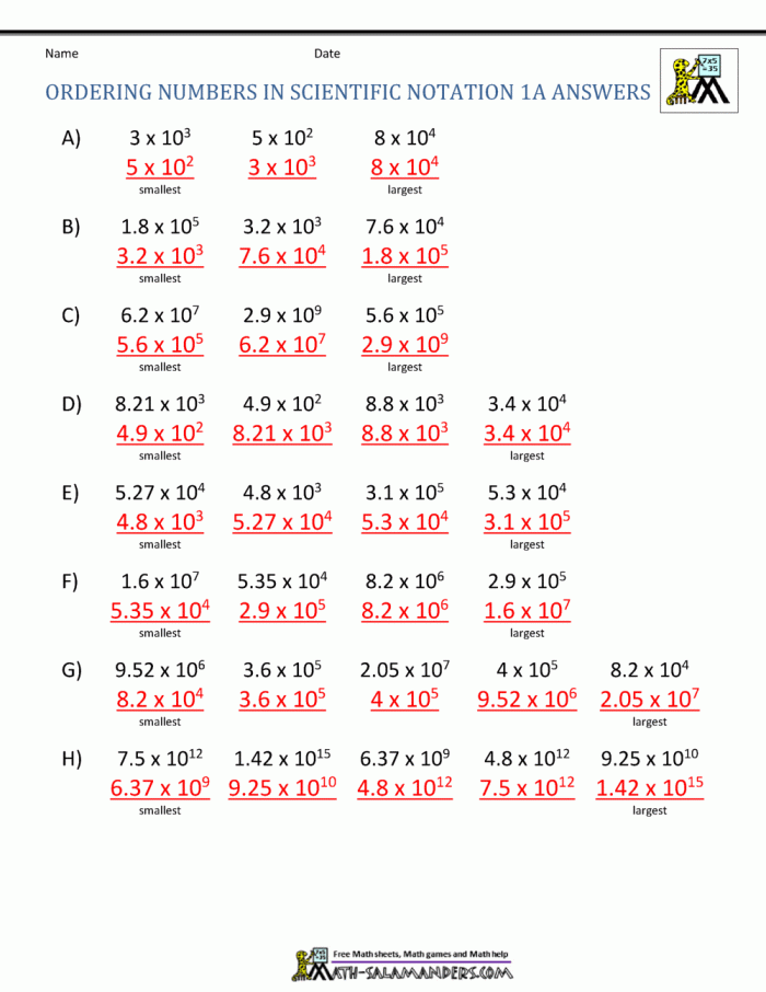 Eighth grade worksheet page showing exercises on comparing scientific notation numbers with geography themes
