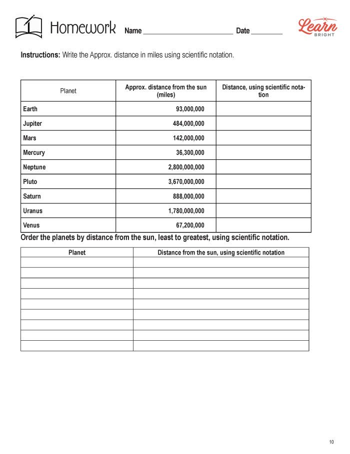Eighth-grade worksheet focused on comparing scientific notation numbers for geography students