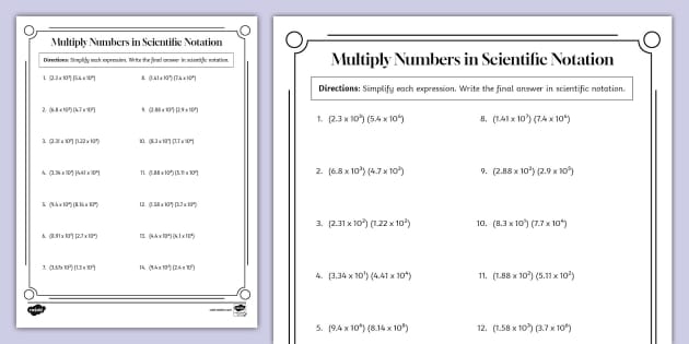 Practice worksheet showing scientific notation equations paired with their calculated answers for matching activity Eighth grade students matching multiplication and division problems written in scientific notation format