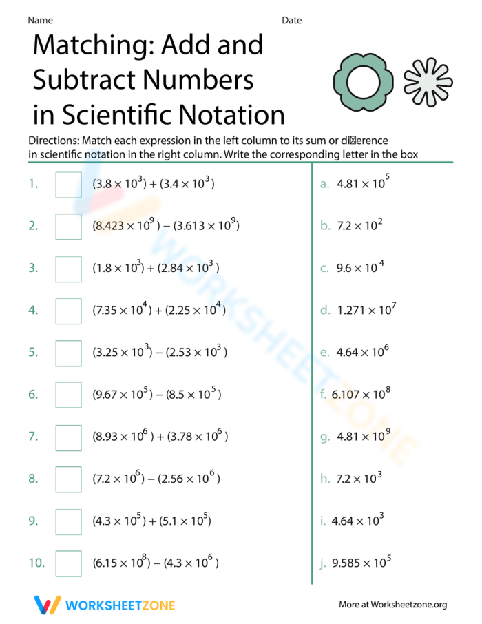Engaging scientific notation matching worksheet activity for practicing exponential calculations Eighth grade students matching multiplication and division problems written in scientific notation format