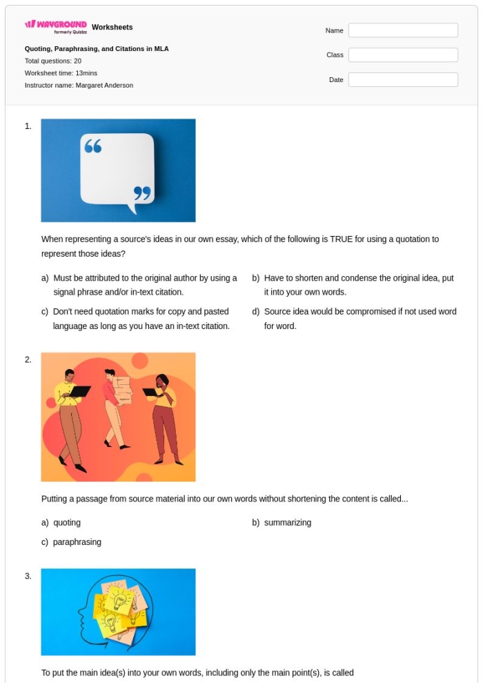 Reading worksheet for Fourth Grade Children working on the Sea Turtle Citations worksheet, focusing on paraphrasing and quoting. Fourth-grade students engaging with reading skills through an interactive activity.