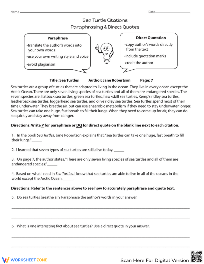 Reading worksheet for Fourth Grade Worksheet featuring a sea turtle theme for paraphrasing and direct quotes practice. Sea Turtle Citations worksheet for fourth graders on reading skills.