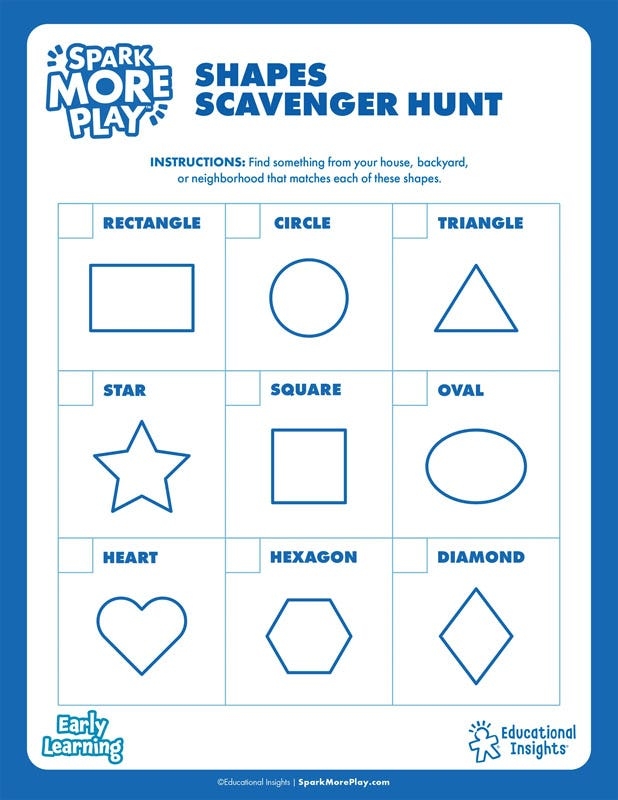 Children exploring 3D shapes in a scavenger hunt worksheet for second grade fractions