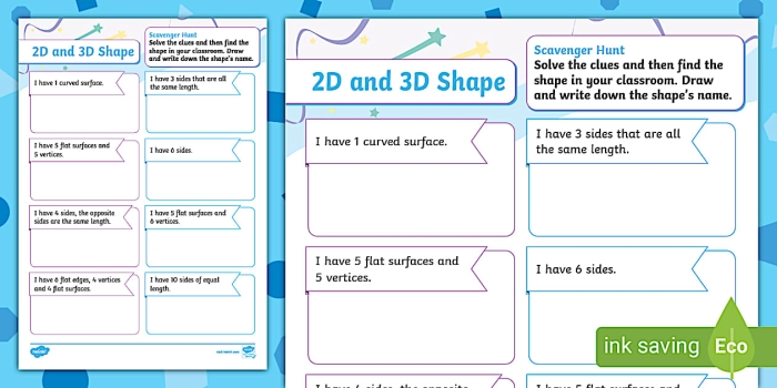 Second grade students exploring 3D shapes during a scavenger hunt worksheet focused on fractions