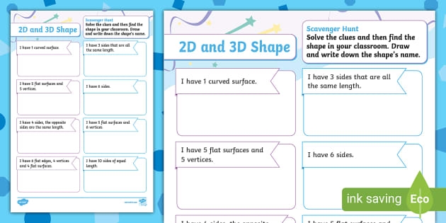 Second graders exploring 3D shapes in a fun scavenger hunt worksheet focused on fractions