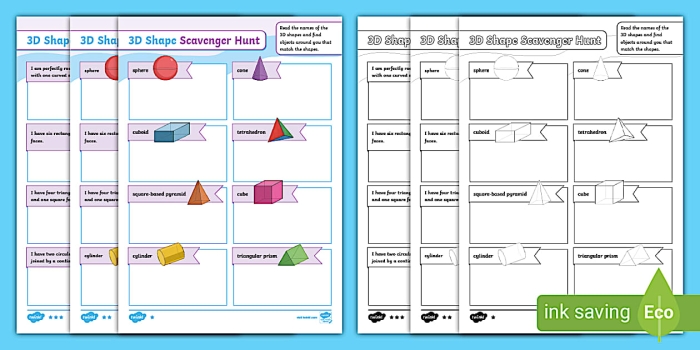 Second grade students identifying various 3D shapes on a scavenger hunt worksheet focused on fractions
