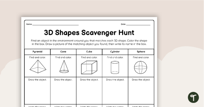 Second grade students engaging with a 3D shape scavenger hunt worksheet focused on fractions