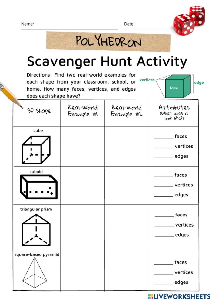 Second grade students exploring 3D shapes in a scavenger hunt worksheet for fractions