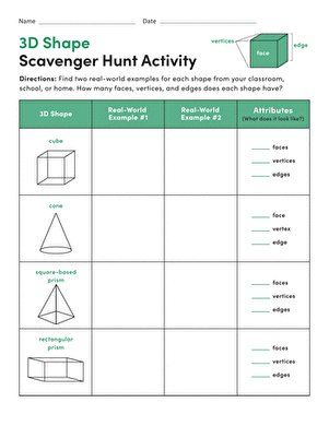 Second grade students identifying various 3D shapes during a scavenger hunt worksheet activity