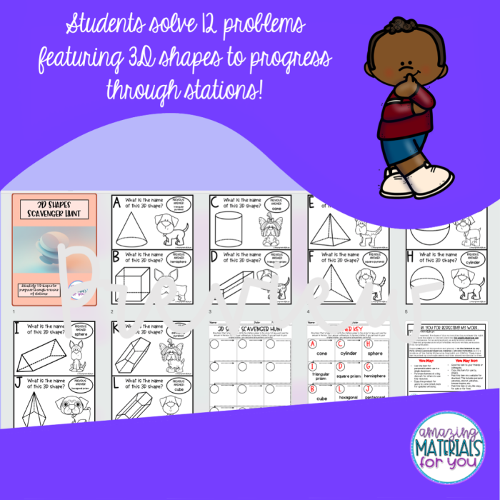 Second grade students exploring 3D shapes during a scavenger hunt worksheet activity