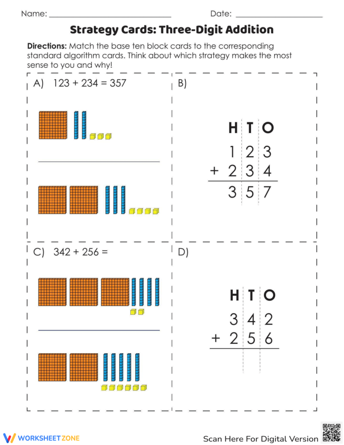 Strategy Cards Activity for Teaching Three-Digit Addition Concepts to Young Learners Second grade students using strategy cards to solve three-digit addition problems and compare different calculation methods
