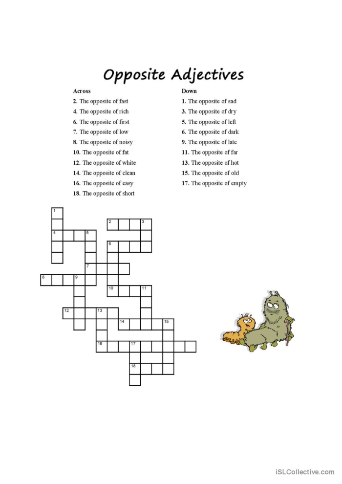 Second Grade phonics worksheet featuring an adjectives crossword puzzle to complete