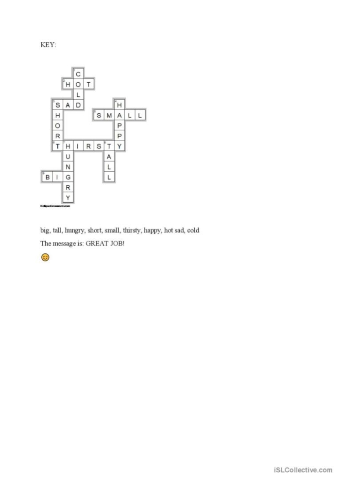 Second Grade adjectives crossword puzzle in a phonics worksheet with colorful clues