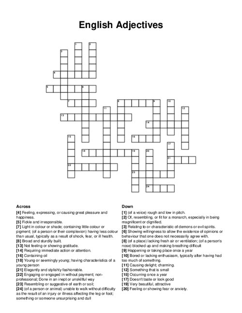 Second Grade phonics crossword puzzle focusing on adjectives with colorful clues and answer boxes
