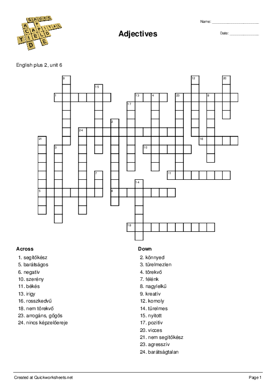 Second Grade adjectives crossword puzzle worksheet for phonics practice