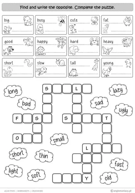 Second Grade adjectives crossword worksheet with colorful clues and word grid