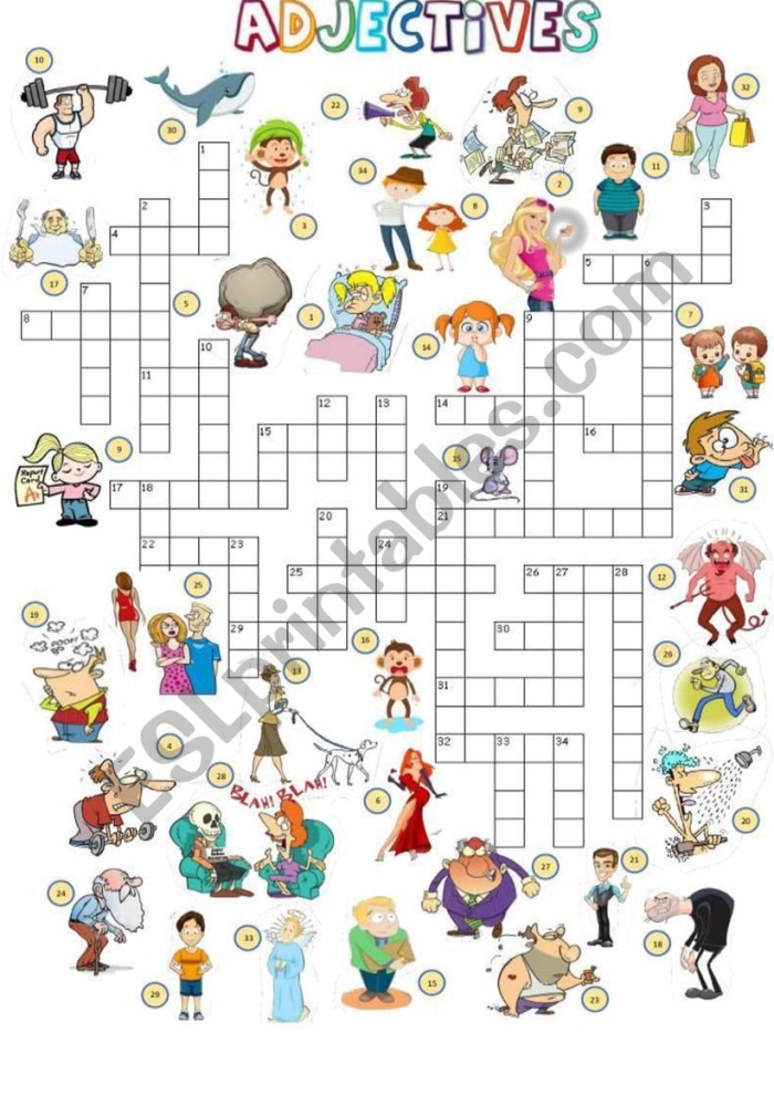 Second Grade phonics worksheet featuring an adjectives crossword puzzle to enhance descriptive vocabulary