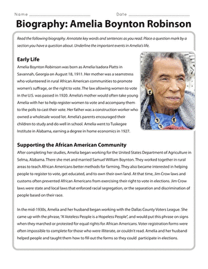 Worksheet focusing on the life of civil rights activist Amelia Boynton Robinson for second graders Children engaging with the Learning About Amelia Boynton Robinson worksheet in a classroom setting