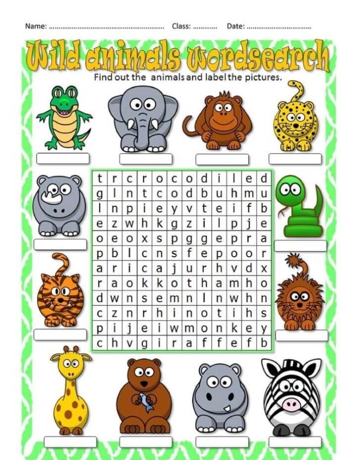 Animal Word Search worksheet featuring various mammals for second graders