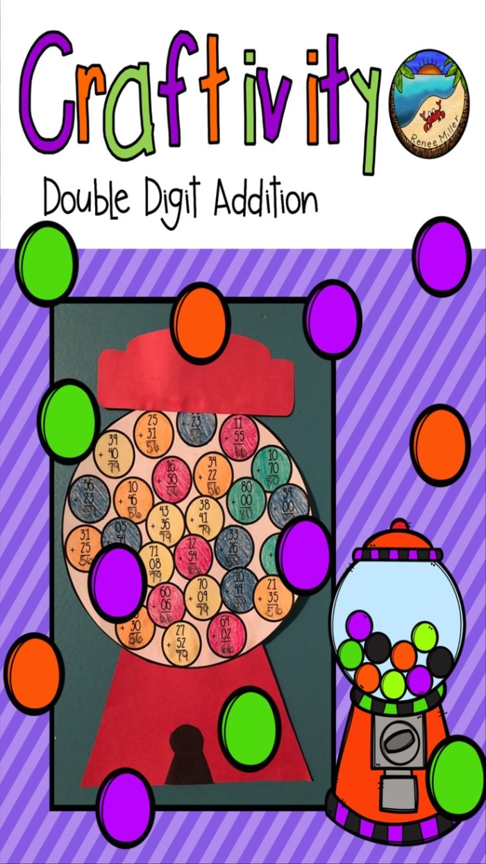 Colorful worksheet featuring double-digit addition activities for second graders in an art gallery theme