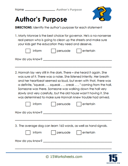 Second grade worksheet on author’s purpose featuring The Princess and the Pea story