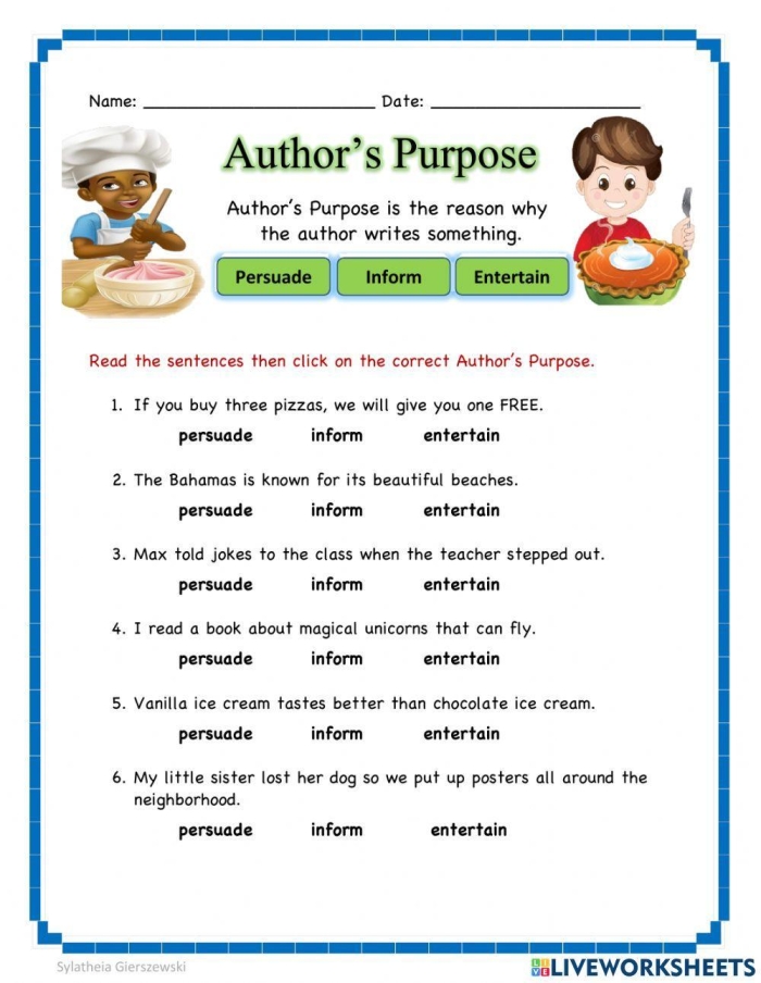 Second grade worksheet on Author’s Purpose featuring The Princess and the Pea story
