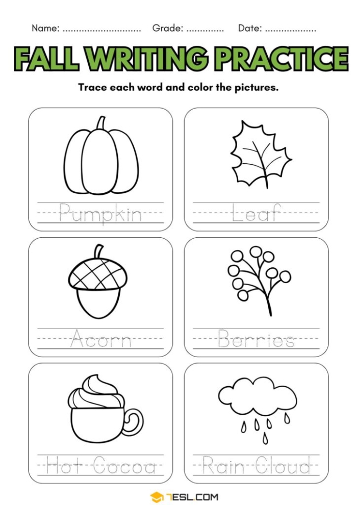 Autumn-themed spelling practice worksheet for second graders with a fun word challenge Second Grade student completing an Autumn Spelling worksheet with seasonal vocabulary