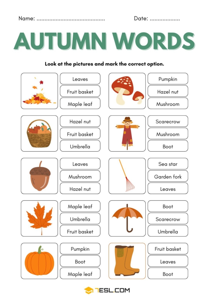 Engaging autumn spelling practice for second graders with fun word choices on worksheet 20 Second-grade student working on an autumn-themed spelling worksheet with colorful fall leaves