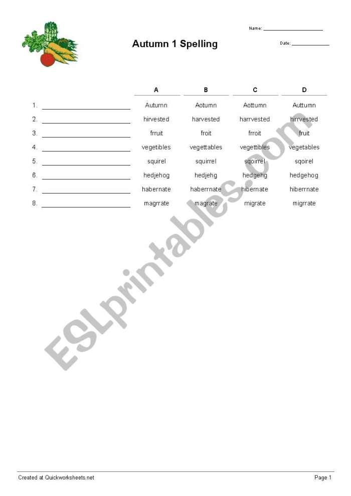 Fun autumn spelling worksheet for second graders with misspelled word choices Second grade student completing an autumn-themed spelling worksheet with fall vocabulary