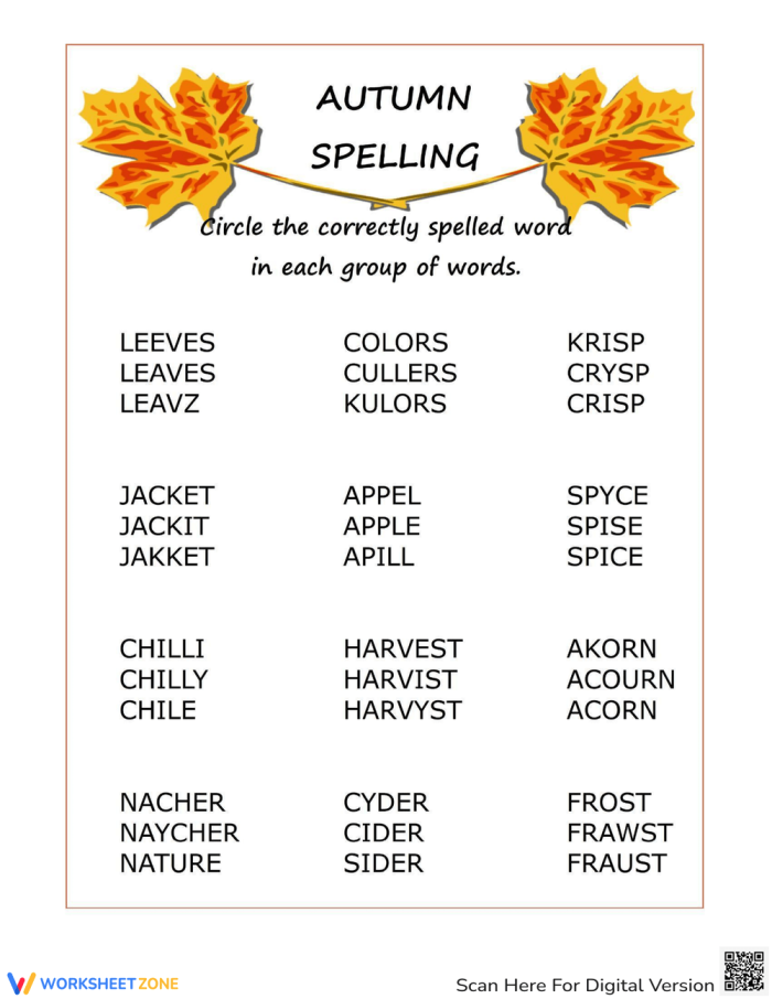 Autumn spelling practice activity featuring common fall vocabulary for grade two learners Second grade student completing an autumn-themed spelling worksheet with multiple choice words