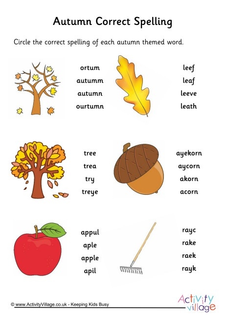 Autumn-themed spelling practice worksheet for second graders with a focus on choosing the right word from misspellings Second Grade Autumn Spelling worksheet featuring a fun activity to select the correct autumn word spellings