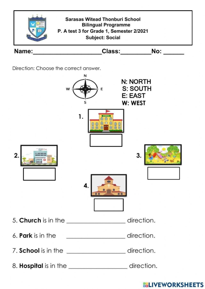 Worksheet for teaching cardinal directions to beginning geography students, image 19 Second grade Cardinal Directions worksheet showing north, south, east, and west