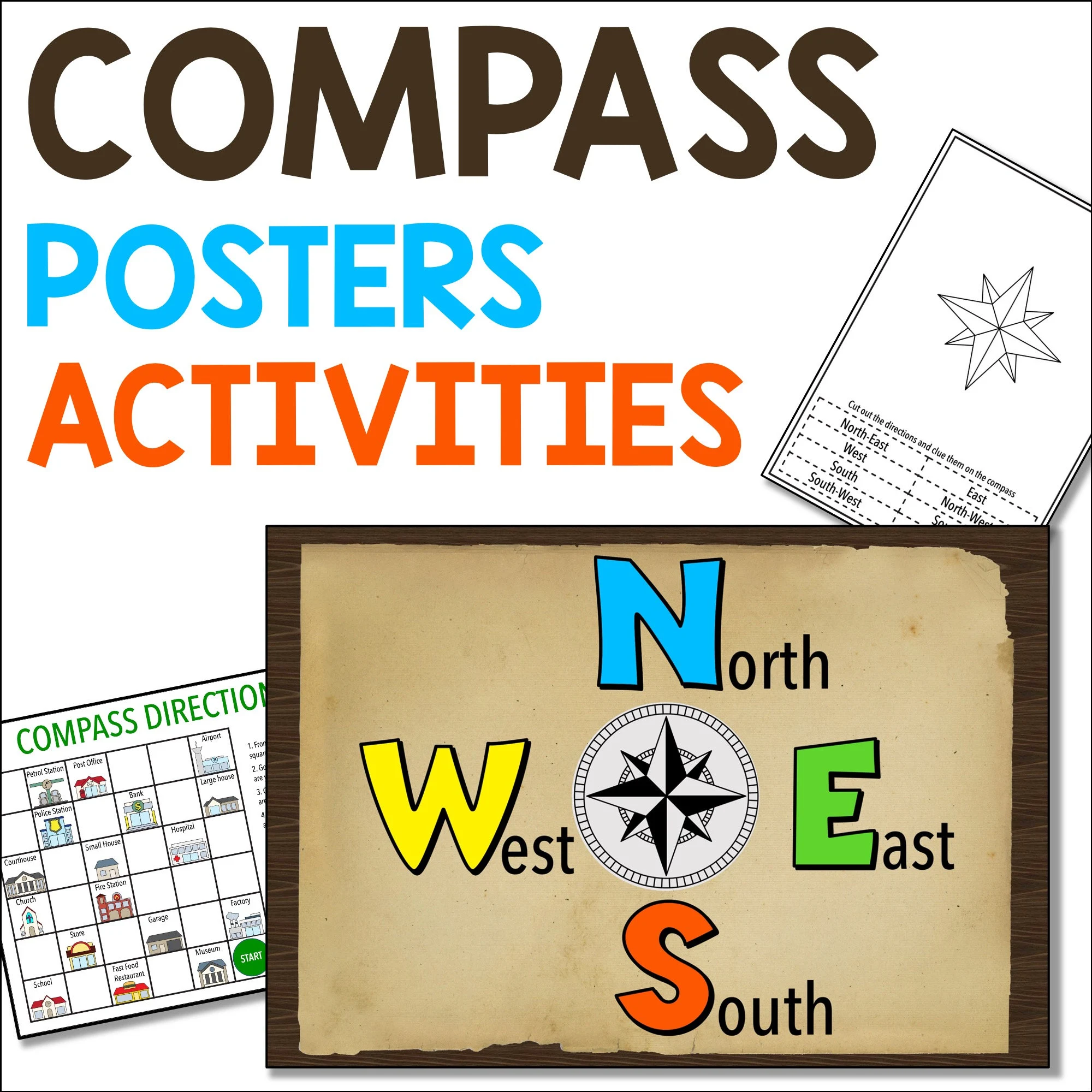 Worksheet for teaching cardinal directions to beginning geography students, image 22 Second grade Cardinal Directions worksheet showing north, south, east, and west