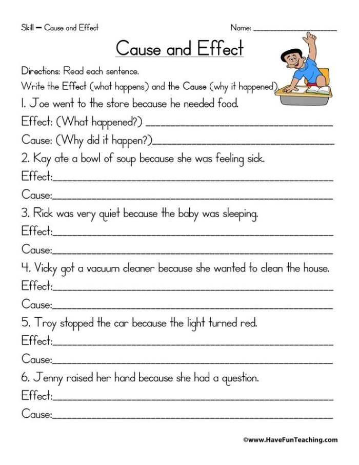 Cause and Effect Activity for Elementary Reading Comprehension Practice Second grade students completing a cause and effect reading comprehension worksheet by identifying why story events happened