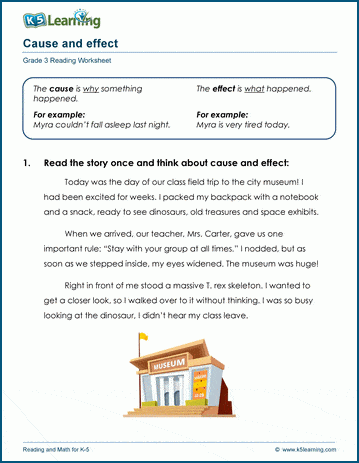 Cause and Effect Activity for Young Readers Learning Comprehension Skills Second grade student completing a cause and effect reading comprehension worksheet with illustrated examples of events and their outcomes