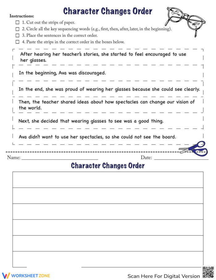 Second Grade worksheet for practicing character feelings and transitions in order