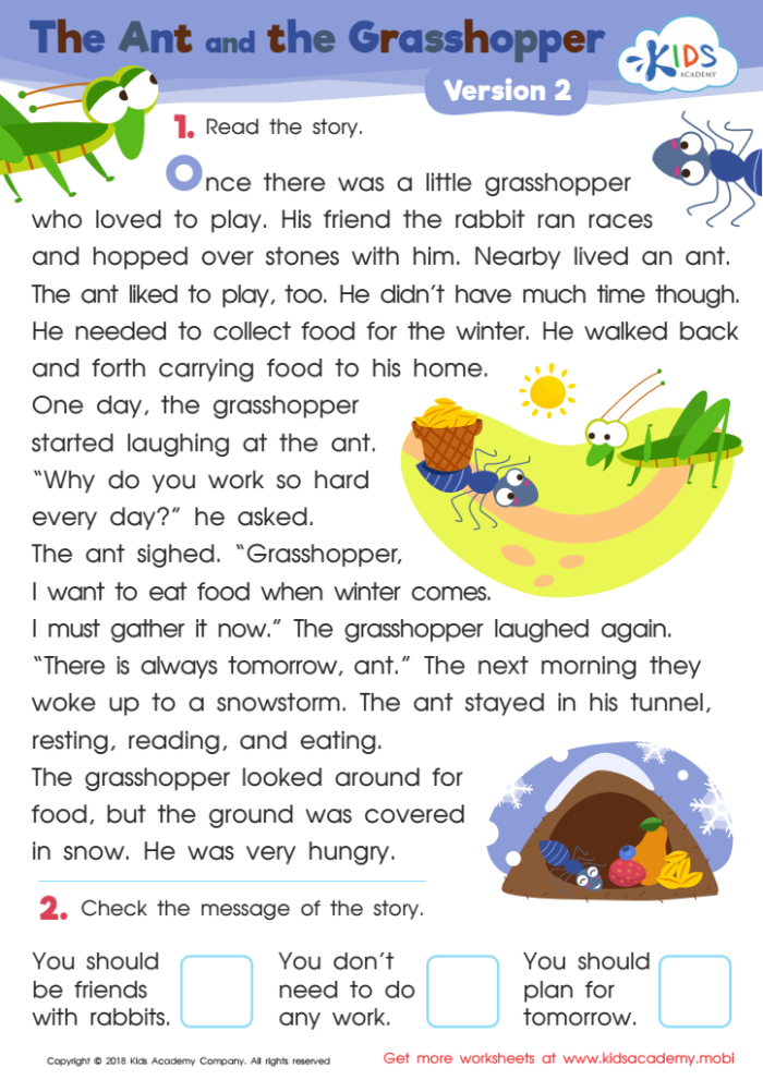 Second Grade geometry worksheet featuring The Ant and the Grasshopper focusing on comprehension and predictions