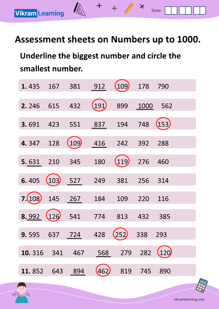 Numbers to 1000 Check-in Assessment for Early Elementary Learners Second grade math worksheet showing counting exercises with numbers organized by ones, tens, and hundreds up to 1000