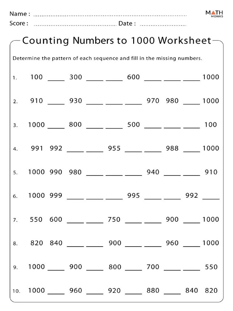 Printable Numbers to 1,000 Check-in Worksheets