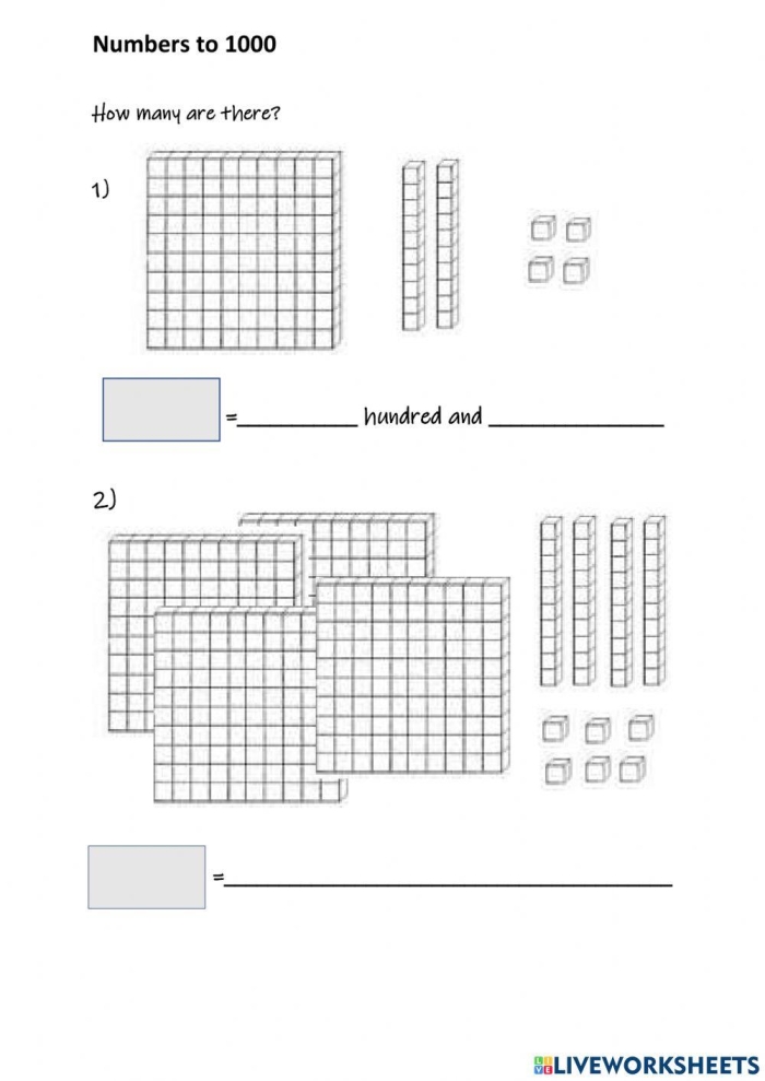 Numbers to 1,000 Check-in Assessment Tool for Early Elementary Learners Second grade math worksheet showing counting exercises with numbers organized by ones, tens, and hundreds up to 1,000