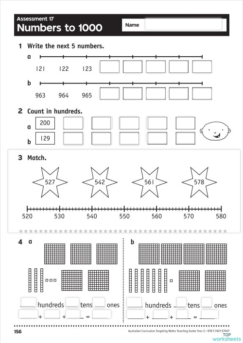 Numbers to 1,000 Check-in Assessment Tool for Early Elementary Learners Second grade math worksheet showing counting exercises with numbers organized by ones, tens, and hundreds up to 1,000