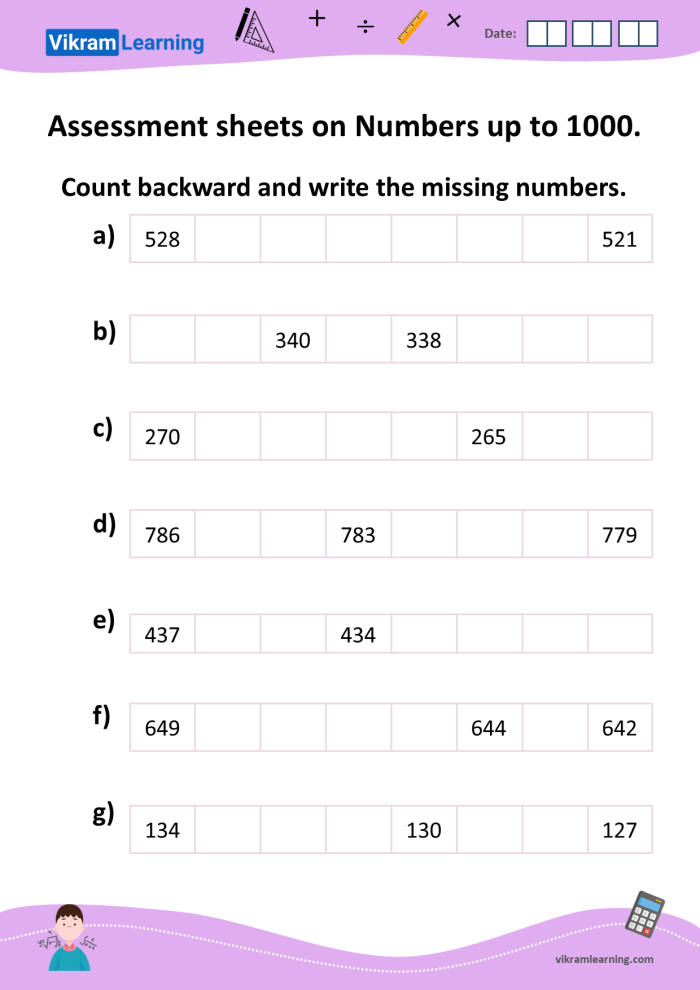 Numbers to 1,000 Check-in Assessment for Early Elementary Learners Second grade math worksheet showing counting exercises with numbers organized by ones, tens, and hundreds up to 1,000