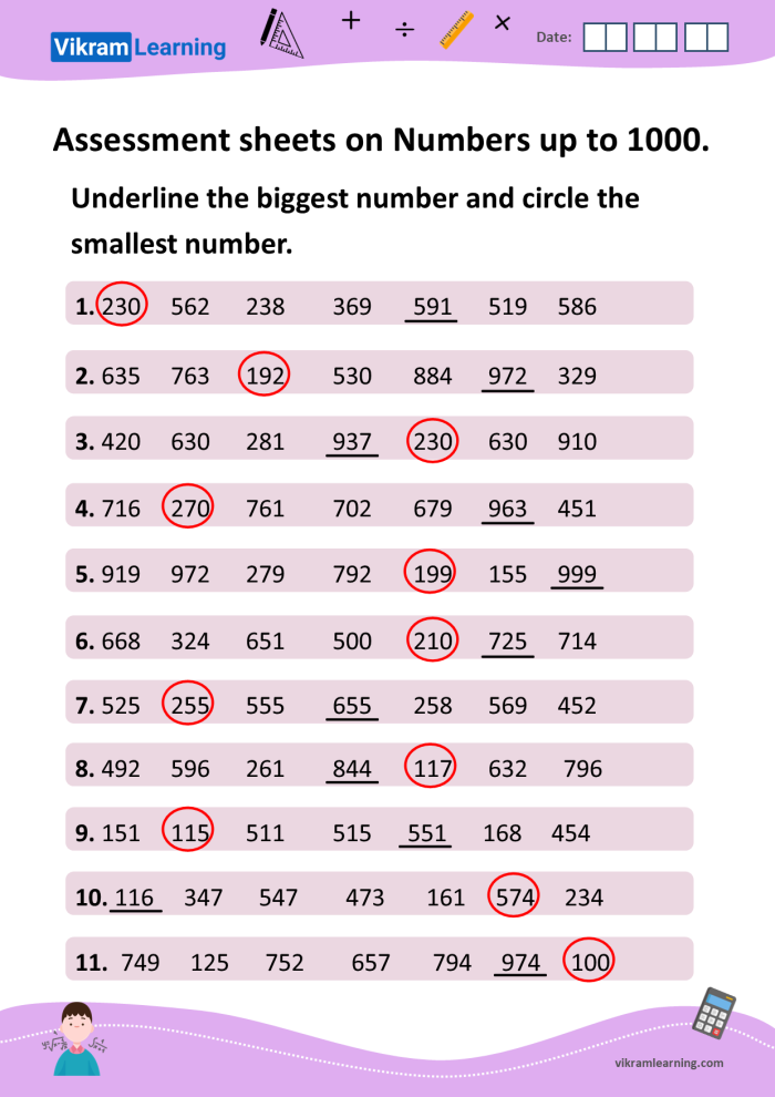 Numbers to 1,000 assessment check-in activity for early elementary students Second grade math worksheet showing counting exercises with numbers organized by ones, tens, and hundreds up to 1,000