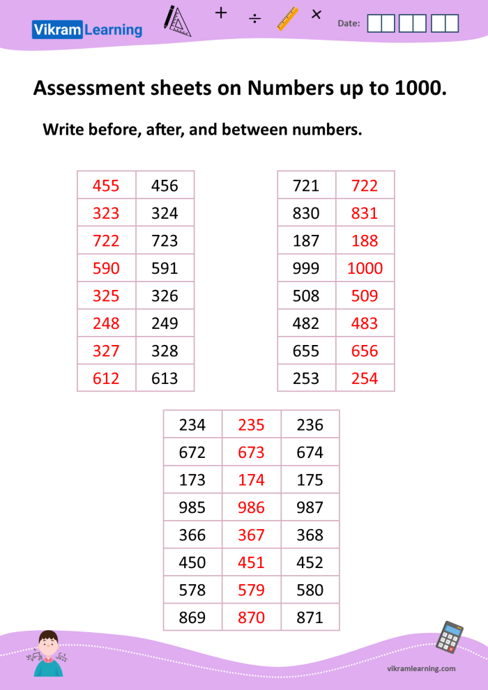 Numbers to 1,000 Check-in Assessment Tool for Second Grade Math Second grade math worksheet showing counting exercises with numbers organized by ones, tens, and hundreds up to 1,000