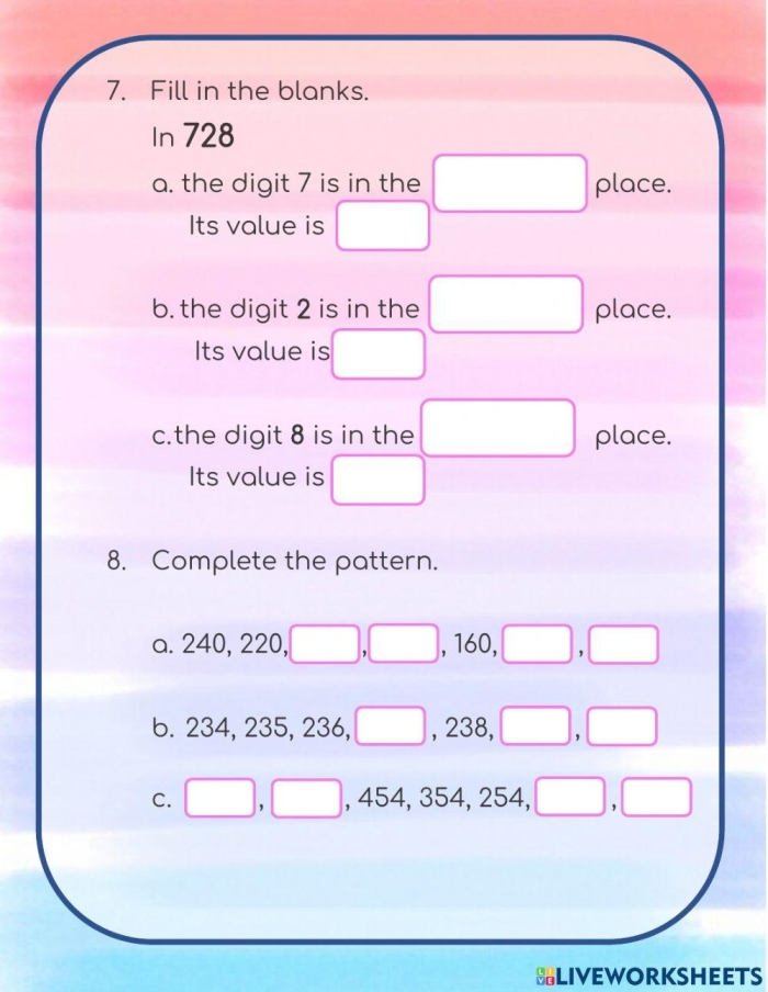 Numbers to 1,000 Check-in Assessment Tool for Grade 2 Second grade math worksheet showing counting exercises with numbers organized by ones, tens, and hundreds up to 1,000