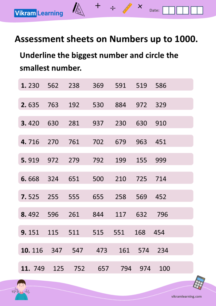 Numbers to 1,000 Check-in Assessment Tool for Grade 2 A second grade math worksheet displaying counting exercises with numbers organized by ones, tens, and hundreds up to 1,000