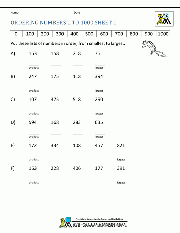 Numbers to 1,000 Check-in Assessment Tool for Early Learners Second grade math worksheet showing counting exercises with numbers organized by ones, tens, and hundreds up to 1,000