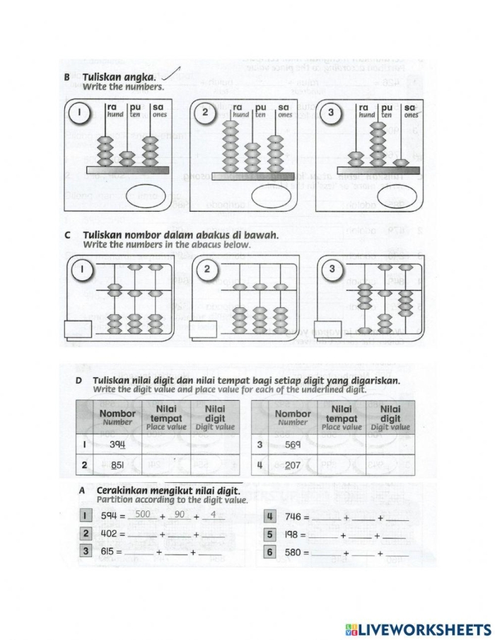 Numbers to 1,000 Check-in Assessment Tool for Early Learners Second grade math worksheet showing counting exercises with numbers organized by ones, tens, and hundreds up to 1,000
